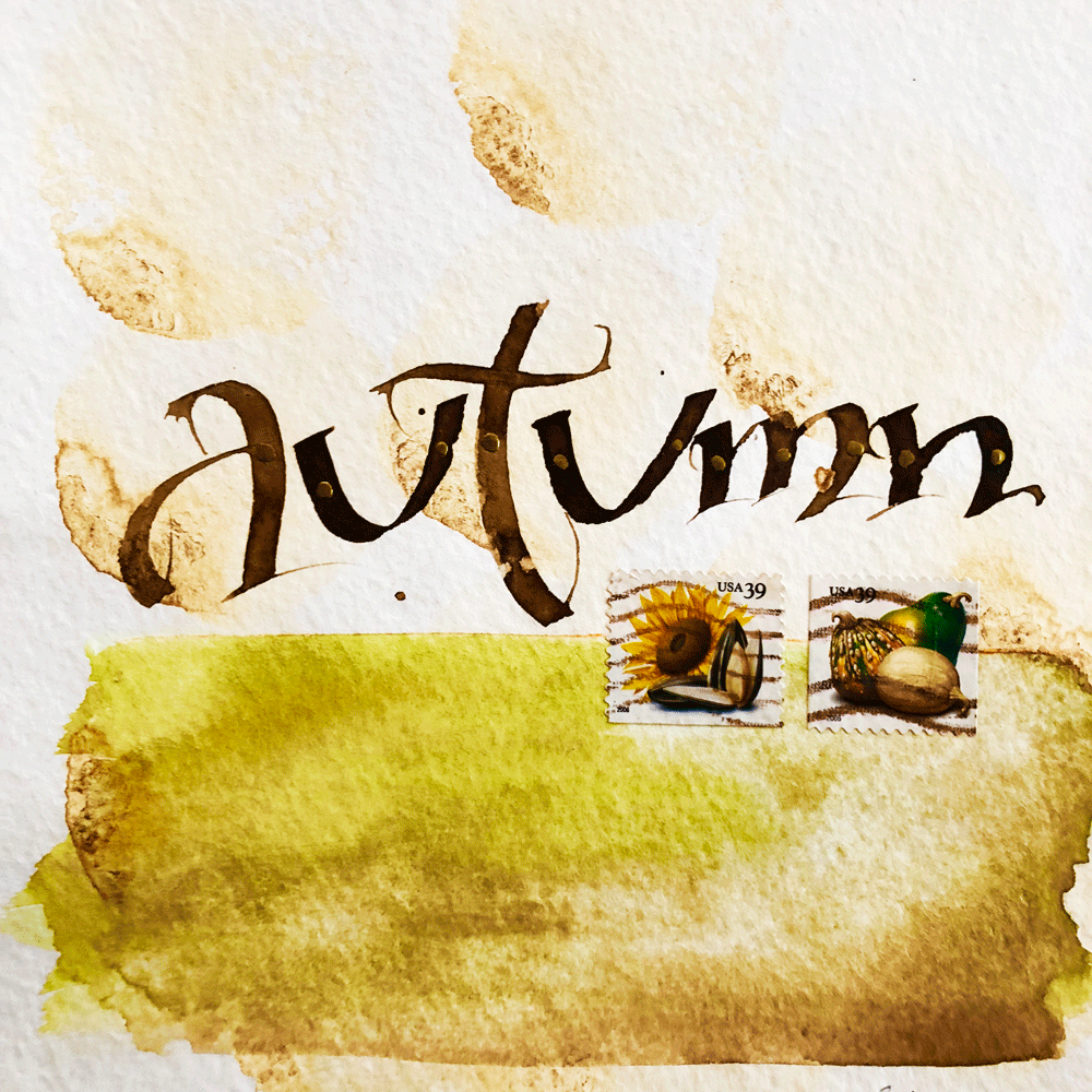the word autumn in brown calligraphy with two cancelled stamps: a sunflower and squash all placed on a watercolor background of browns and greens
