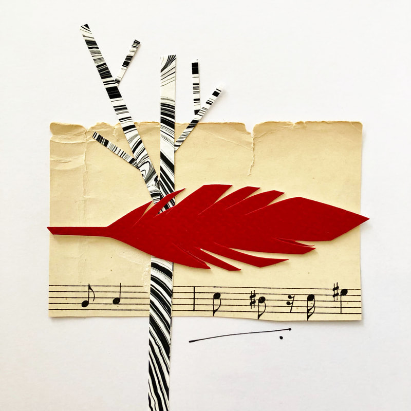 collage with red feather, sheet music, birch tree, and shorthand