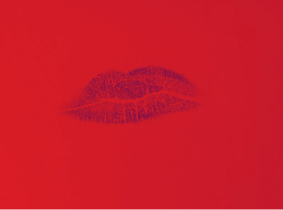Red background with burgundy lip kiss in middle