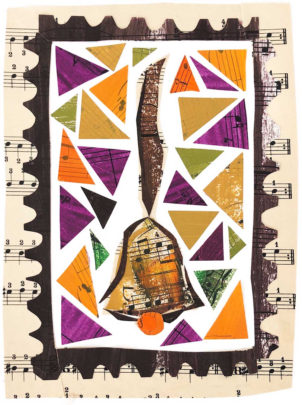 Collage of a bell on a background of sheet music with triangles of color