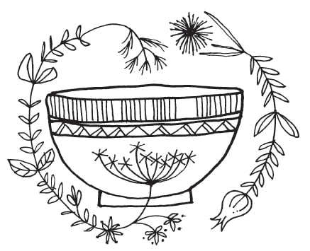 black and white drawing of a bowl with herbs