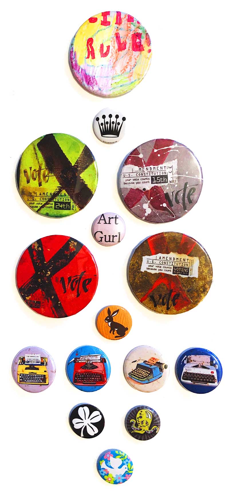 A collection of button pins
