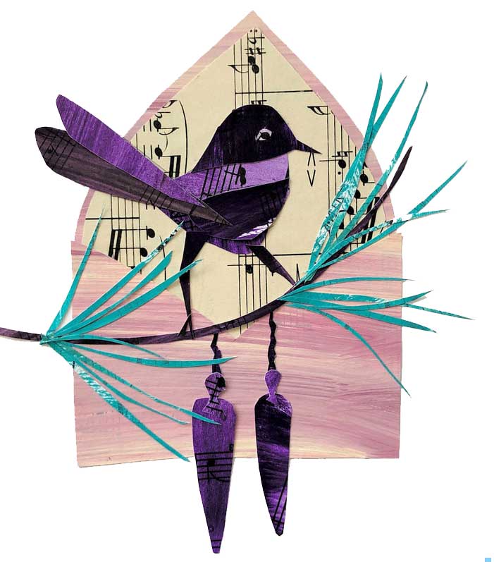 Bird on branch with cuckoo clock weights and an envelope in the background with music notes lining the envelope