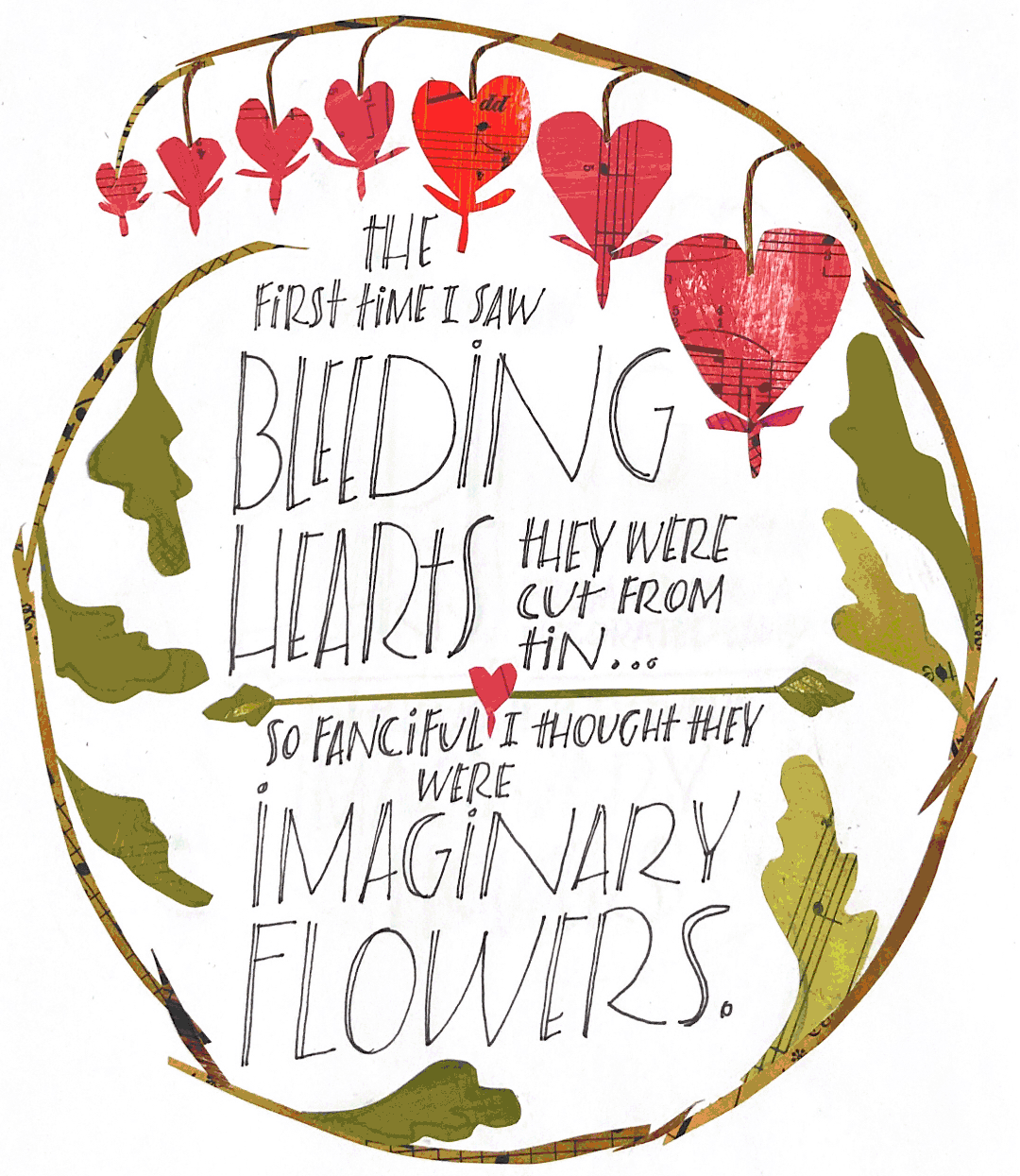 Bleeding hearts collage with handlettered title