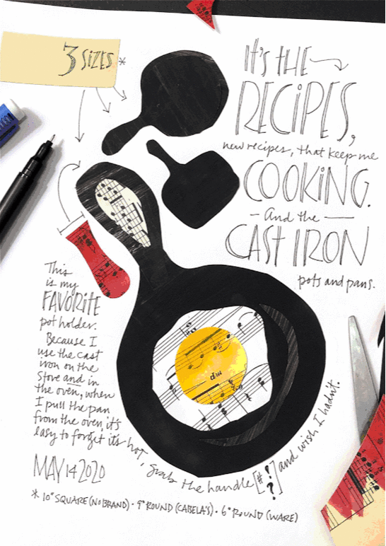 Journal page with cast iron, egg in pan