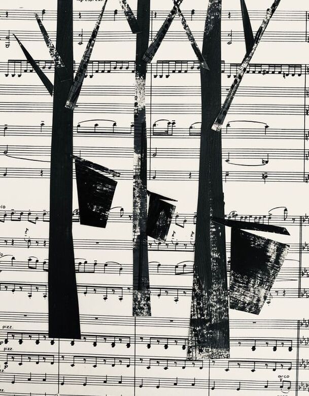 black and white collage of three maple trees with sap buckets on sheet music
