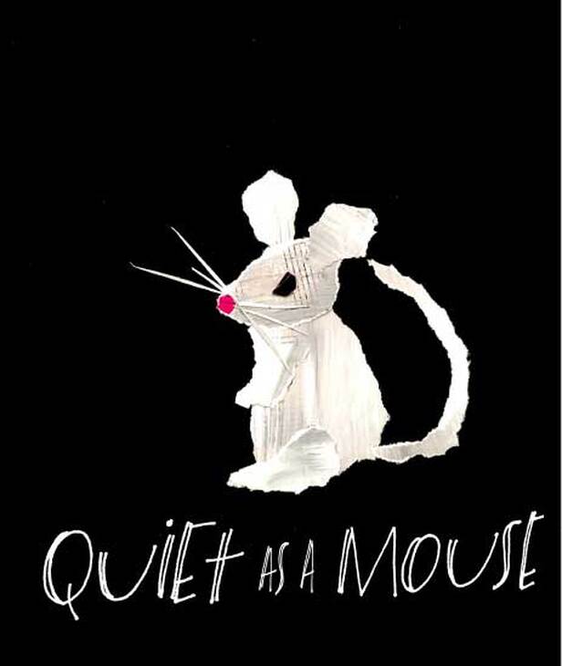 torn paper collage of gray mouse with pink nose on black background with words, 