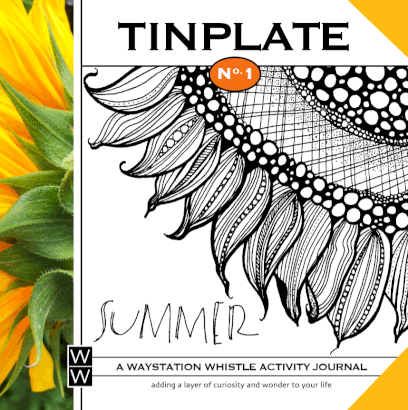 Tinplate Discover Journal cover with line drawing of a sunflower head