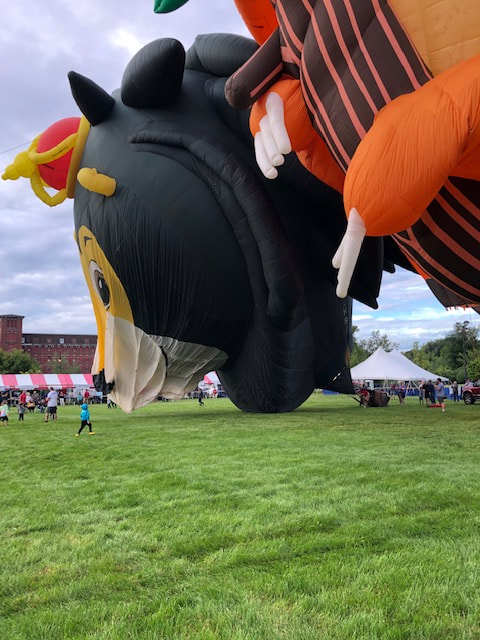 hot air balloon filling with face beginning to fill, looks like dog?