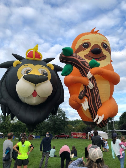 tethereed lion king balloon next to bright orange cartoonsloth balloon