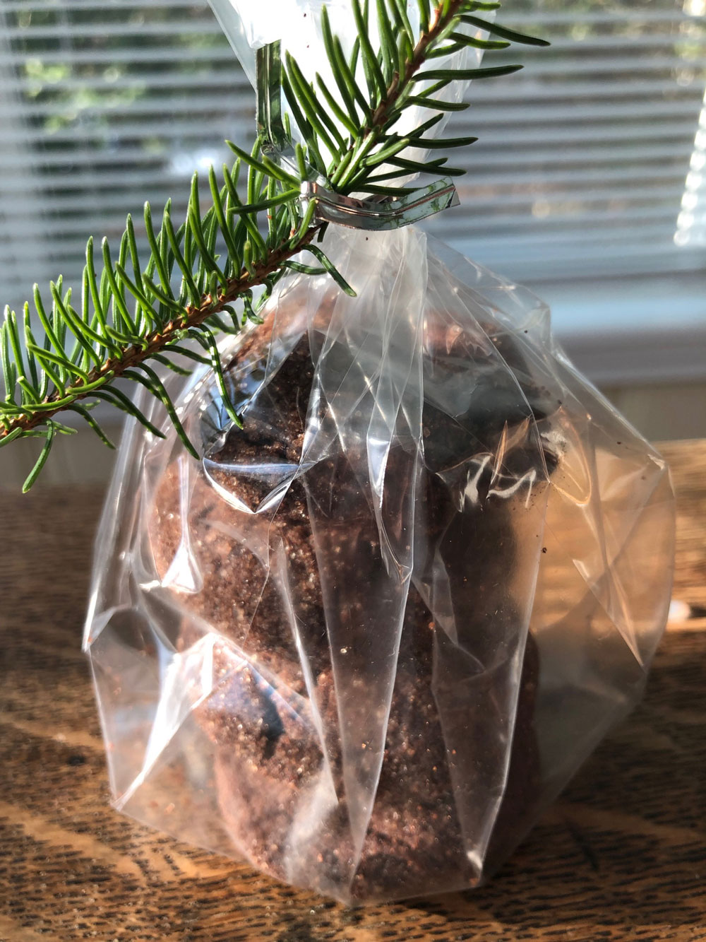 photograph of chocolate cookies stacked in a clear bag tied with a sprig of pine