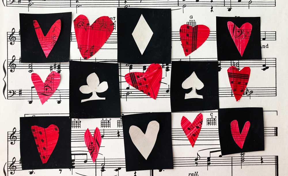 collage of checkerboard on sheet music with hearts and four symbols from a card deck: club, heart, diamond, and spade with hearts in alternating boxes