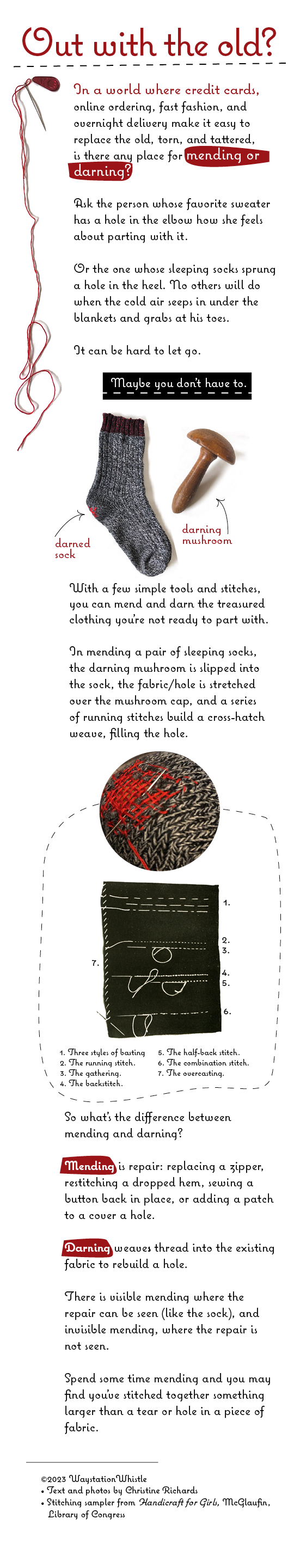 Infographic of stitching/darning a sock with images of a needle and red thread, the sock with a red stitched patch, a mushroom darning tool, close-up of stitches, and stitching sampler