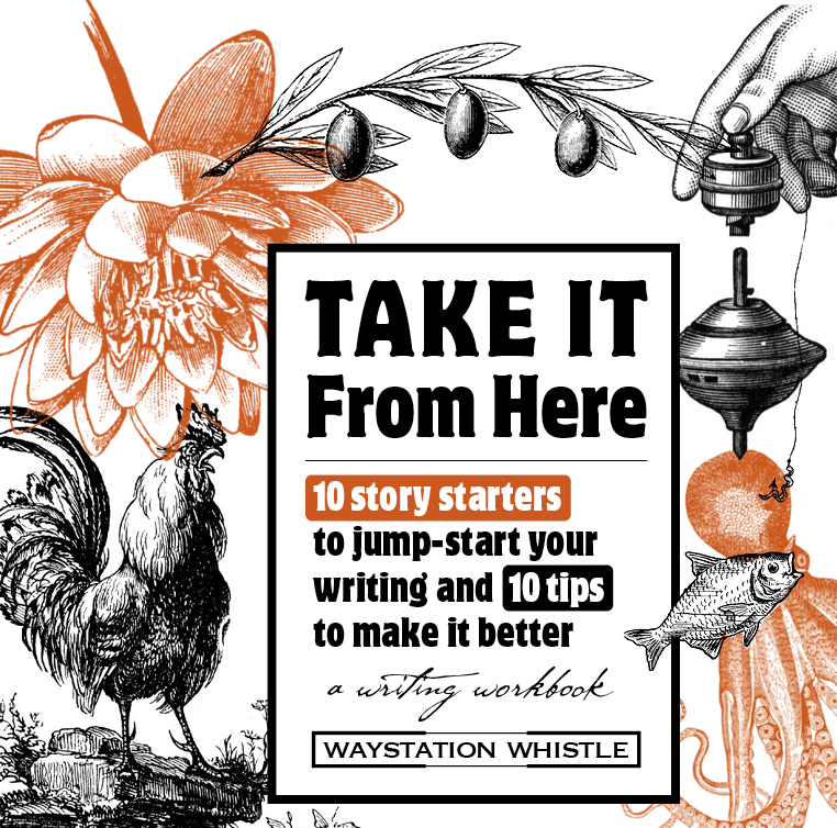 Take It From Here Workbook cover with line art of rooster, flower, olives, top, ocotopus, and fish